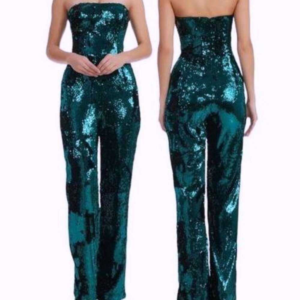 Dress the Population Dark Teal Blue Andy Sequin Strapless Jumpsuit
